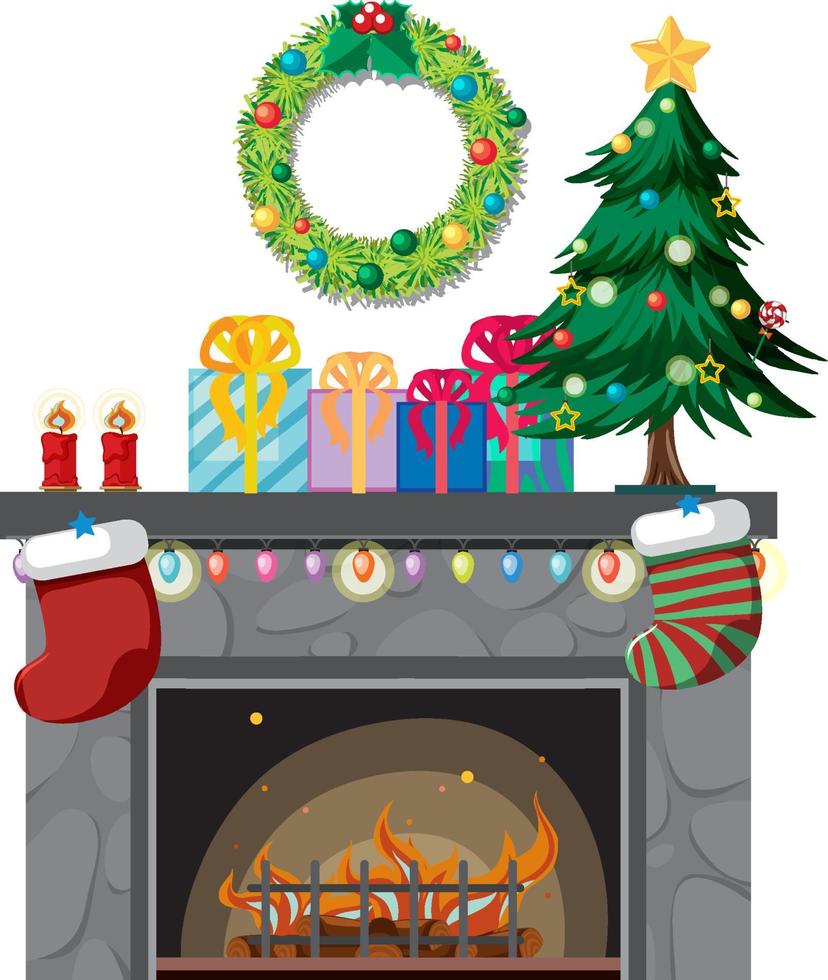 chimenea con adornos navideños vector