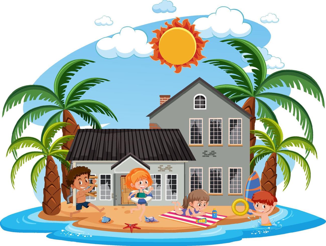 Kids in front of old beach house vector