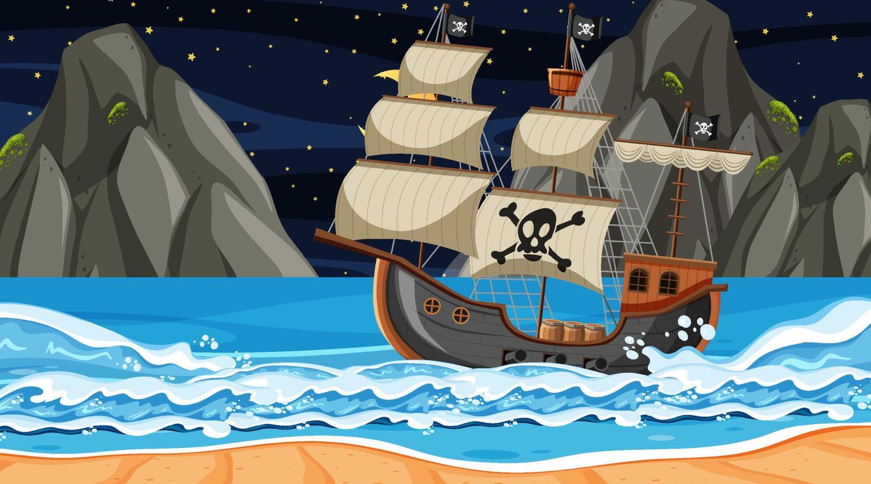 Ocean with Pirate ship at night scene in cartoon style vector