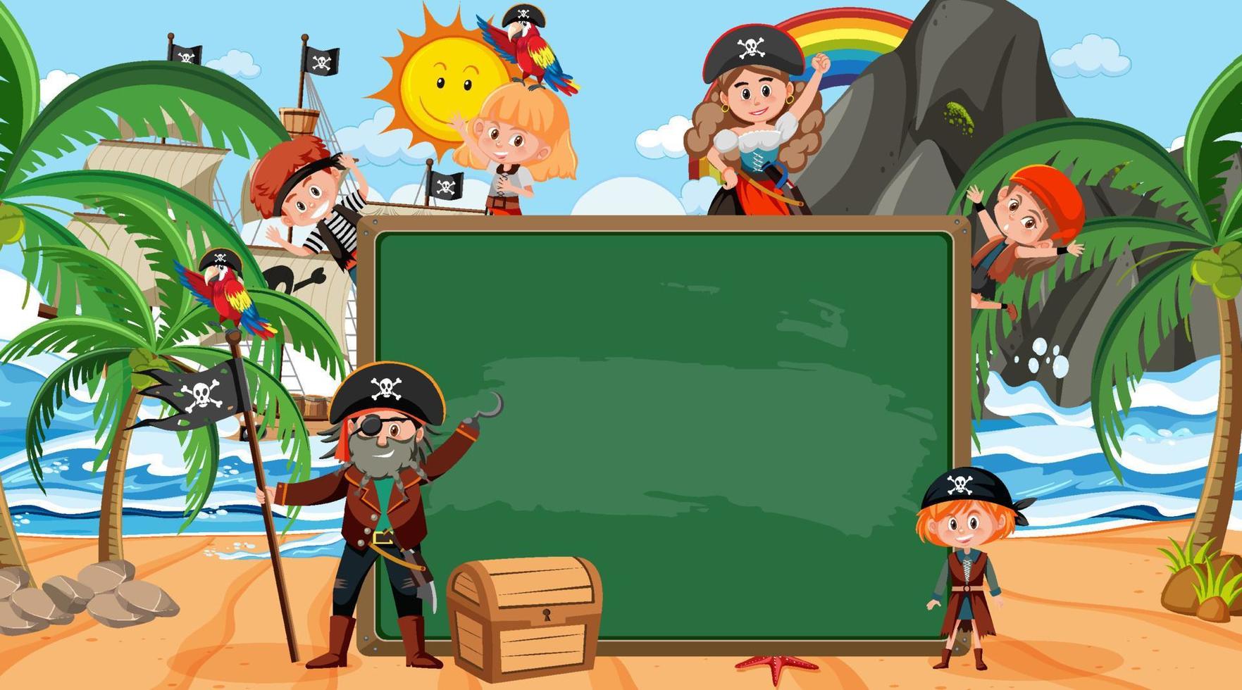 Pizarra vacía con muchos personajes de dibujos animados de niños piratas en la playa vector