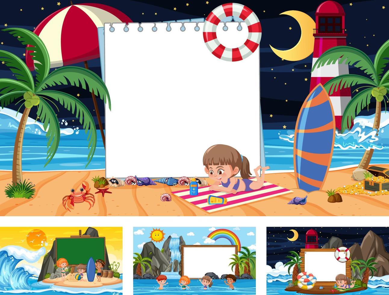 Set of blank banner in different tropical beach scenes vector