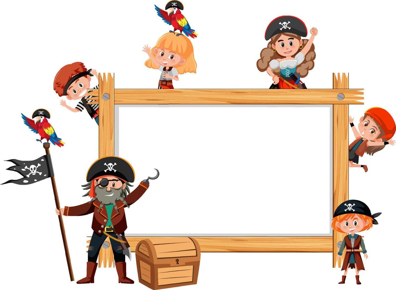 Marco de madera vacío con muchos personajes de dibujos animados de niños piratas vector