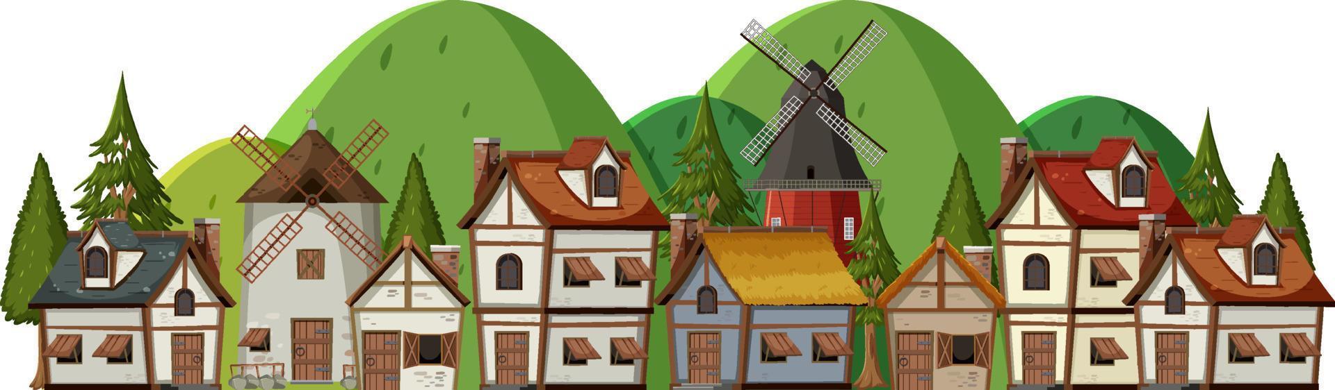 Medieval village with villagers on white background vector