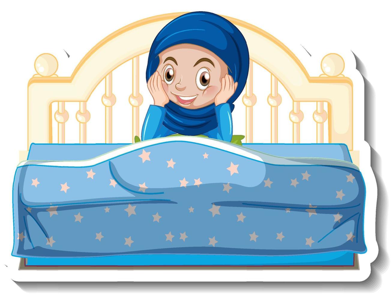 A sticker template with muslim girl sitting on the bed vector