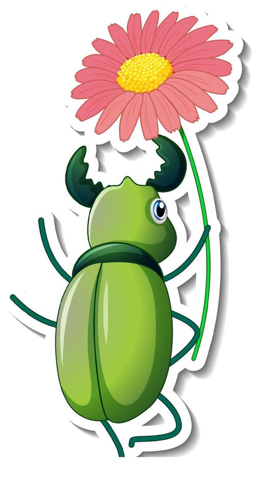 Sticker template with behind of a beetle cartoon character isolated vector