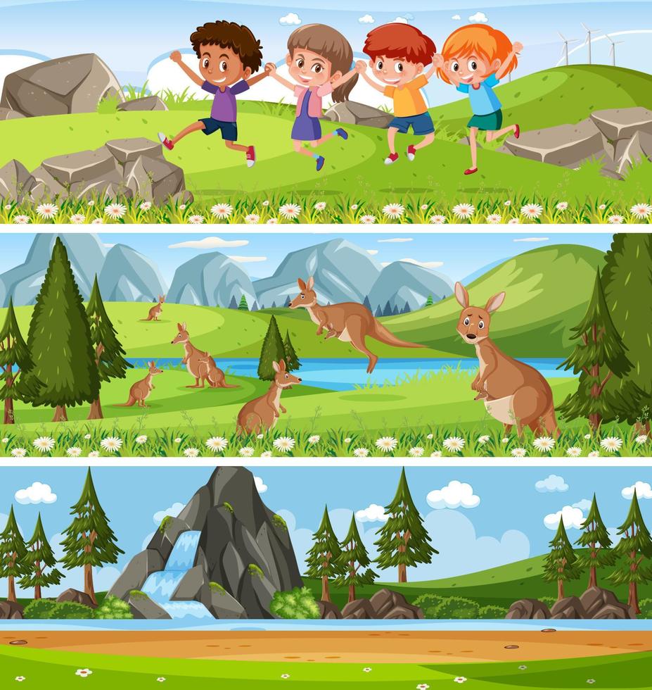 Different nature landscape at daytime scene with cartoon character vector