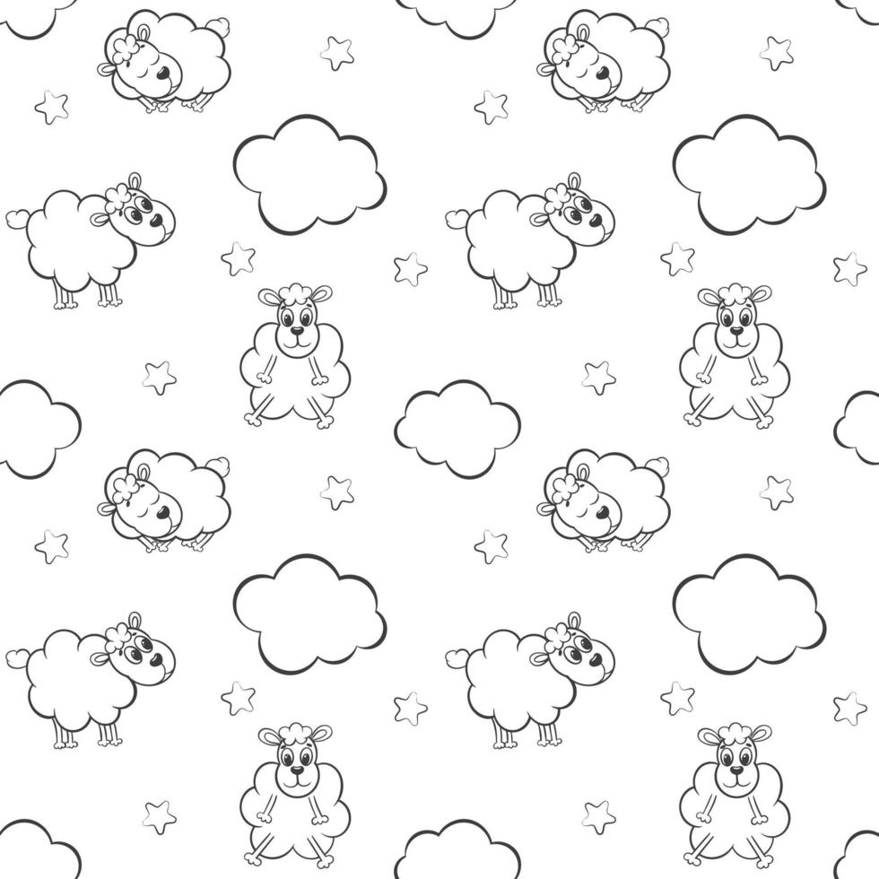 linda oveja con nubes y estrellas de patrones sin fisuras vector