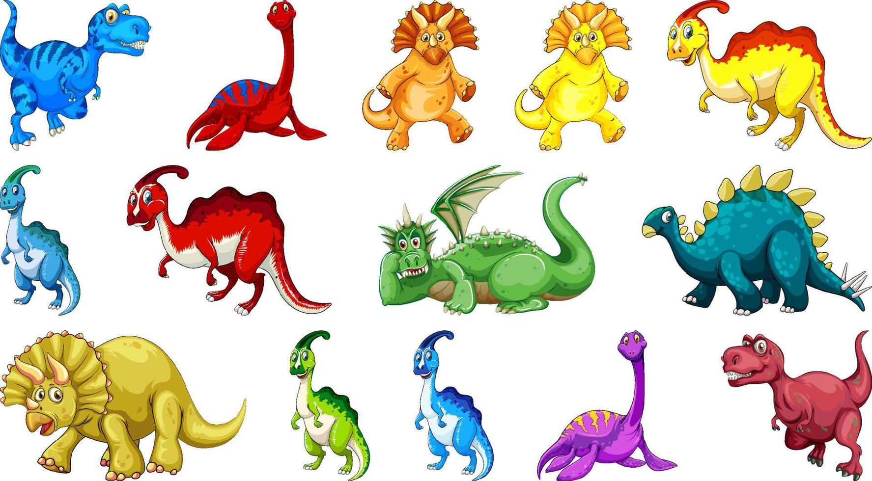 Diferentes personajes de dibujos animados de dinosaurios y dragones de fantasía aislados vector