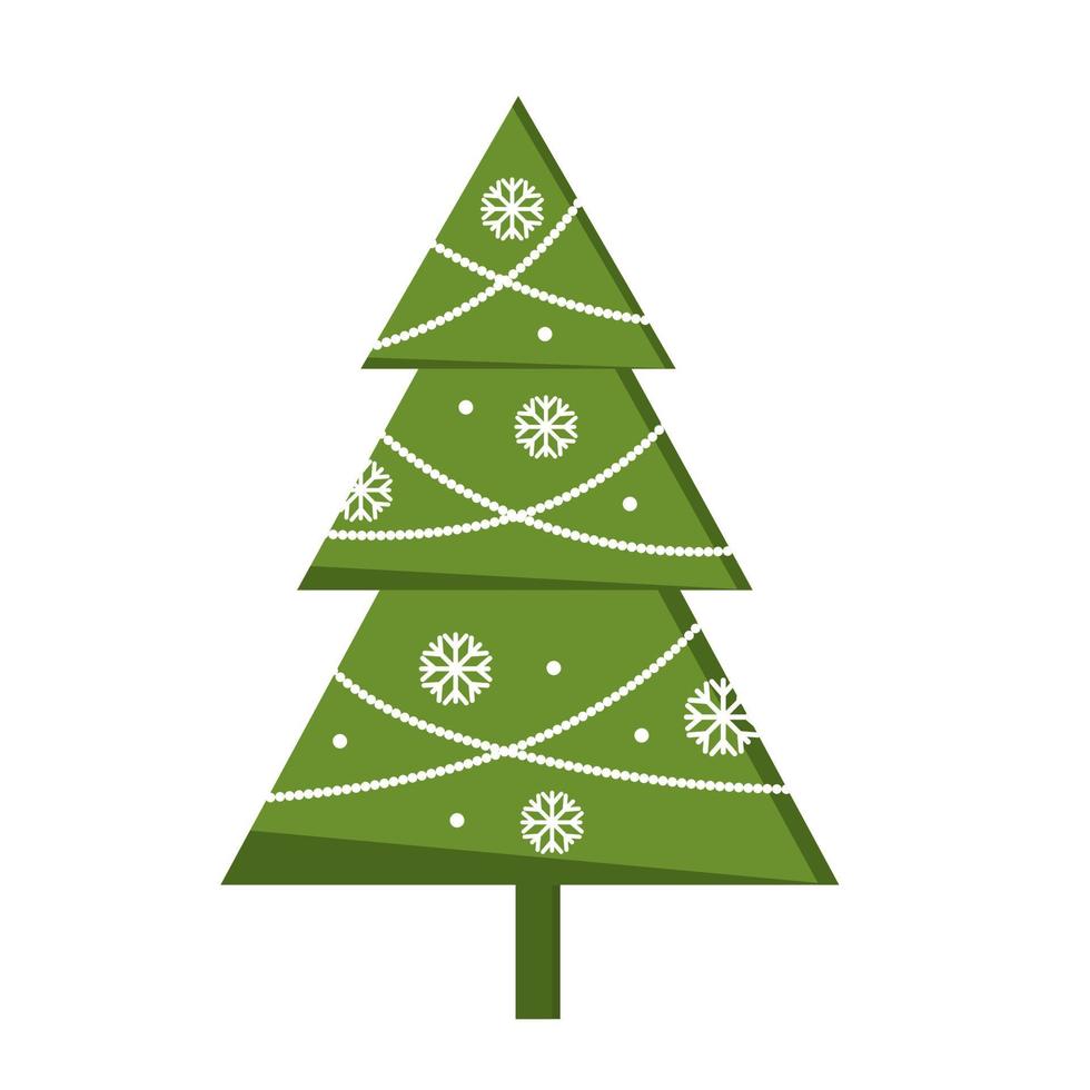 Green Christmas tree icon with snowflake, garland. Isolated on white background. Vector illustration