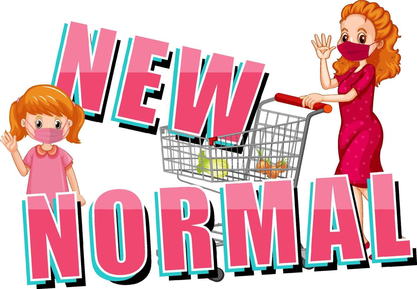 New Normal with a woman and a girl push shopping cart vector