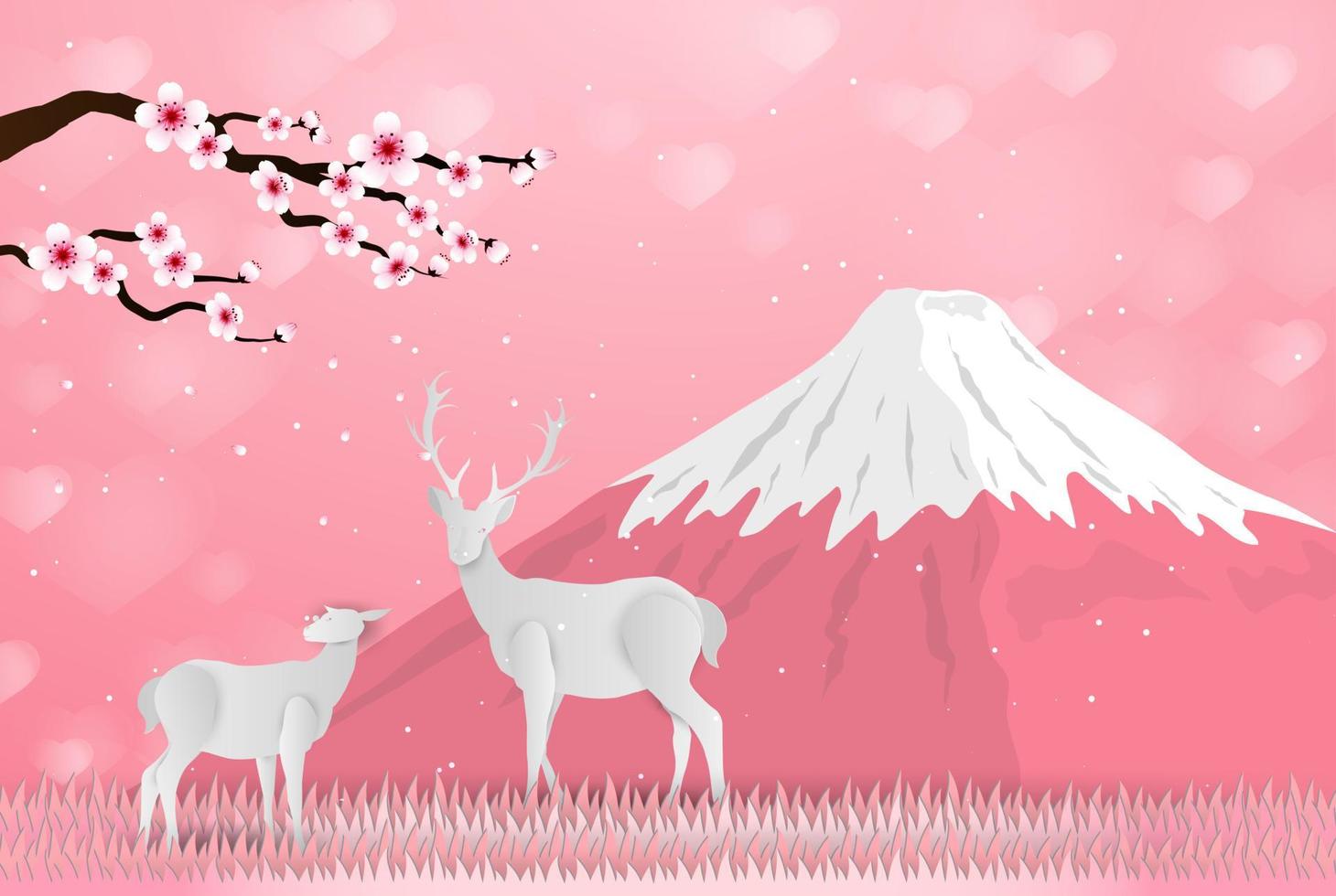 paper art sakura deer and mountain fuji vector
