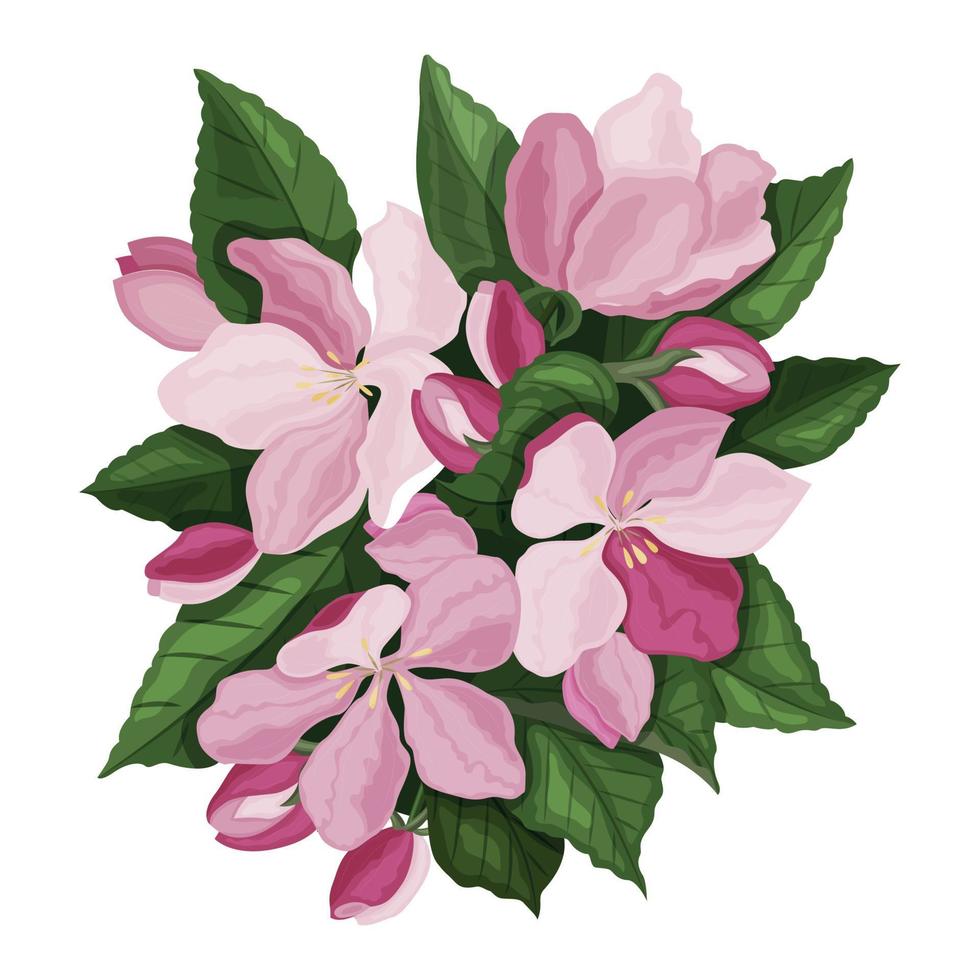 Flores de primavera. flores rosadas de cerezo o manzano y hojas brillantes y jugosas. un elemento de diseño para el diseño de postales, banners y sitios web. vector