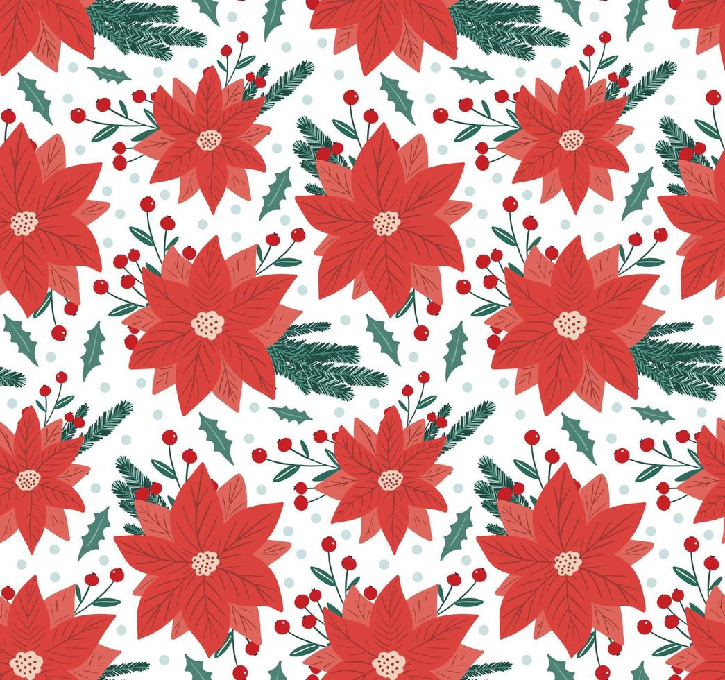 Beautiful winter season floral seamless pattern background with poinsettia - red Christmas star flower, fir tree branch and holly berry mistletoe. Cute hand drawn New Year backdrop vector