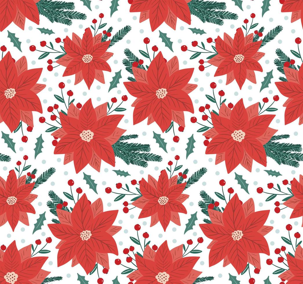 hermosa temporada de invierno floral de fondo transparente con poinsettia - flor roja estrella de Navidad, rama de abeto y muérdago de baya de acebo. lindo fondo de año nuevo dibujado a mano vector