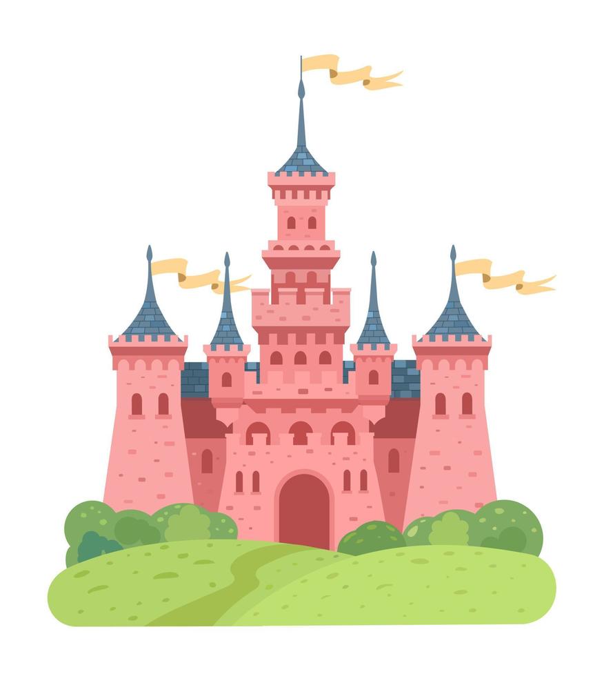 Magic pink castle on the hill. Gothic building. Princess castle. Vector illustration