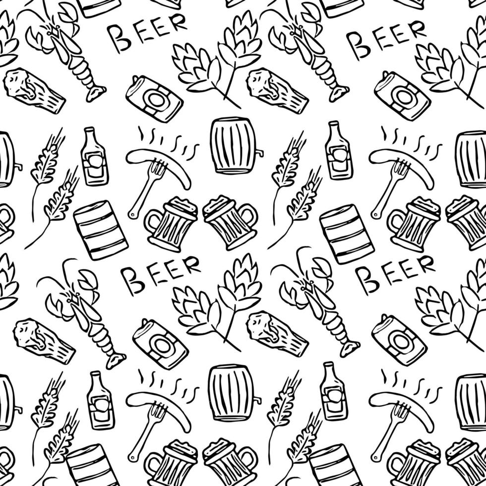 patrón de doodle transparente con cerveza, langostas y salchichas. ilustración vectorial en blanco y negro con iconos de tema de cerveza vector