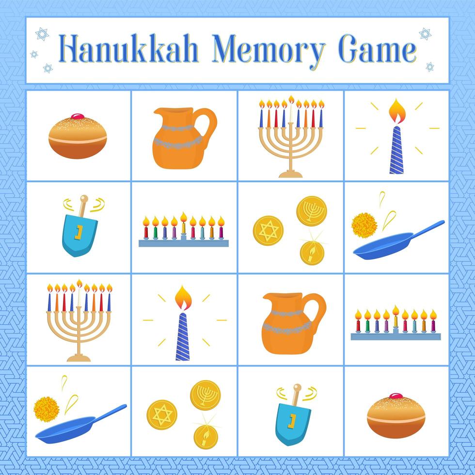 Memory Game with symbols of Jewish holiday Hanukkah, dreidel, donuts, oil jar, coins, latkes. Vector illustration.