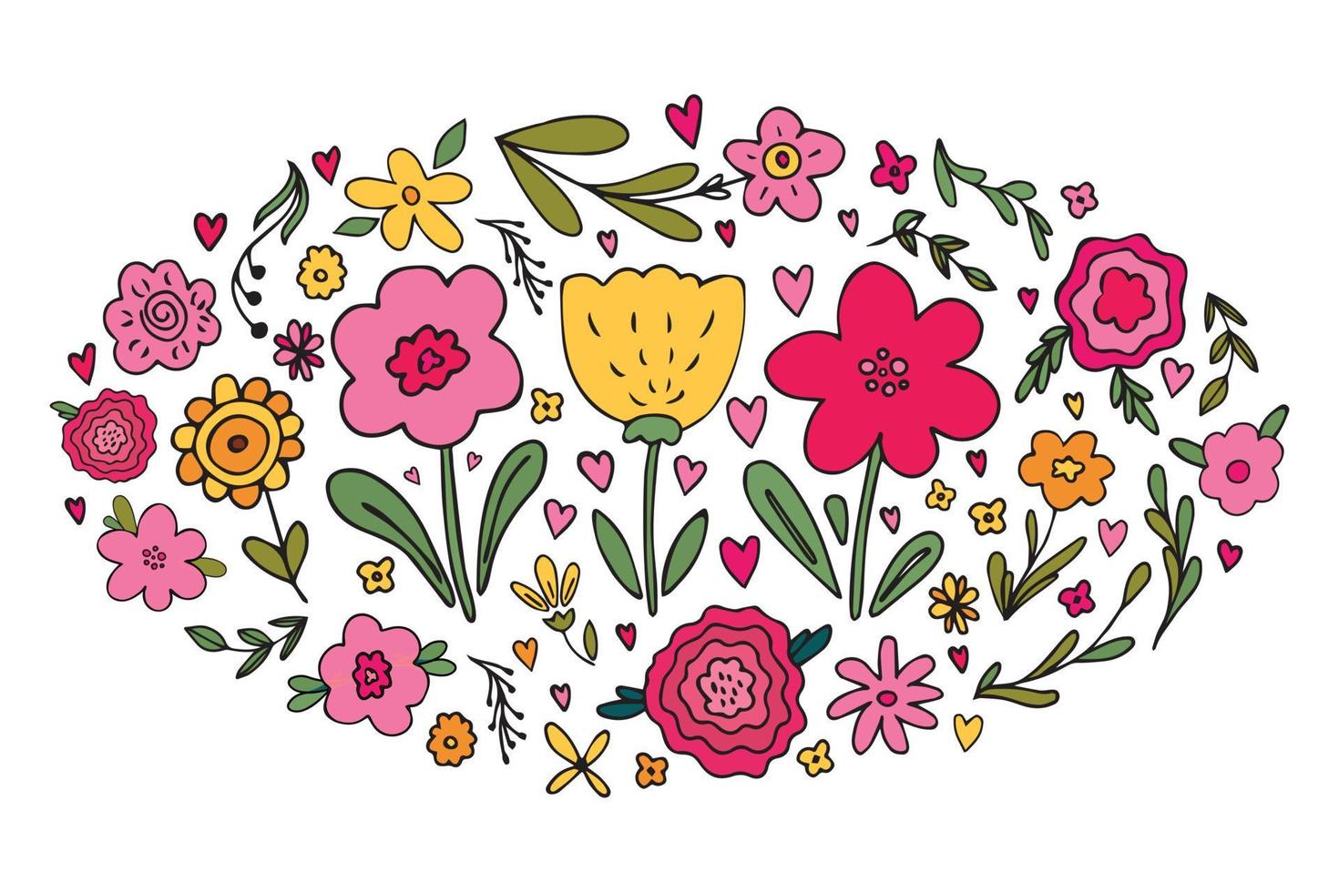 Big set of various hand drawn simple floral doodles - flower, herb, branch, heart. Cute vector illustration of spring summer flowers in limited palette colors. Bright childish design element isolated.