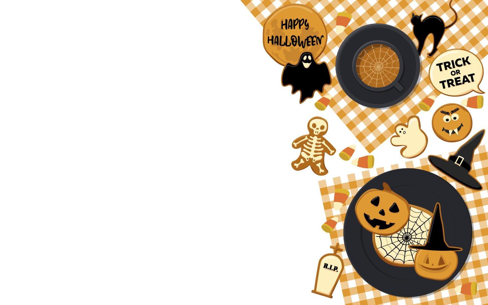 Halloween gingerbread cookies and coffee with sweets on white background. A place for text. Vector banner