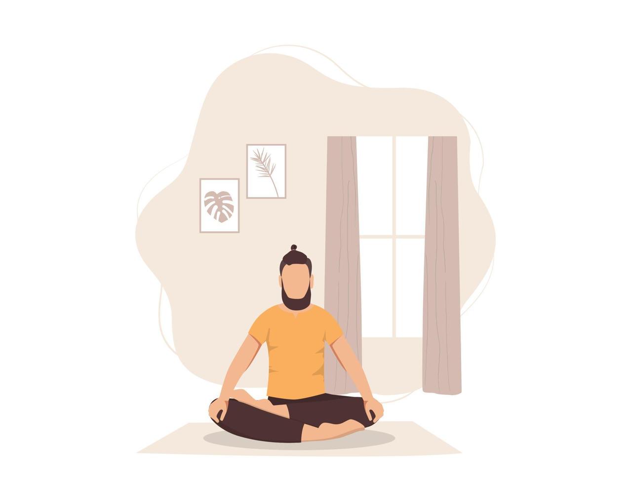 The man sits in the lotus position at home. The concept of breathing and tranquility. Vector illustration