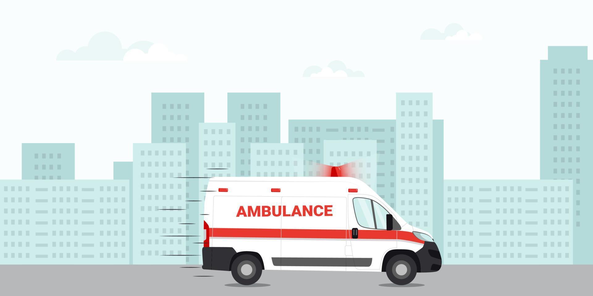 Ambulance emergency car driving on the road in the city. First aid car. Vector illustration.