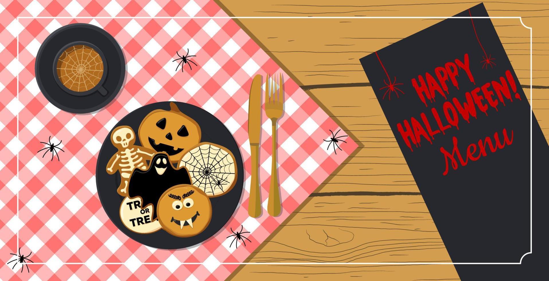 colorida tarjeta de publicidad de menú de halloween con galletas y café. plantilla de banner de vector sobre un mantel a cuadros, eps 10