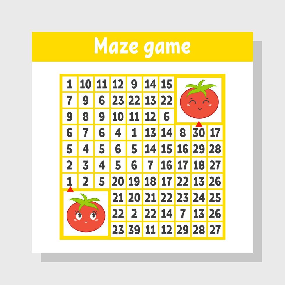 Mathematical colored square maze. Help one tomato get to another. Game for kids. Puzzle for children. The study of numbers. Labyrinth conundrum. Flat vector illustration isolated on white background.