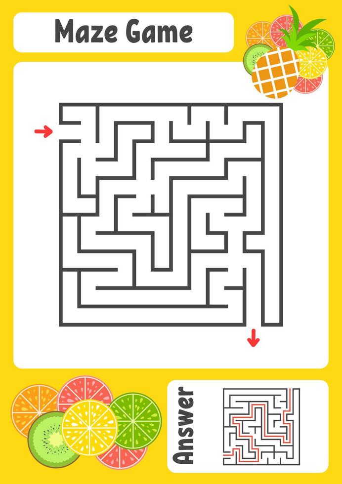 Abstract square maze. Kids worksheets. Activity page. Game puzzle for children. Cute cartoon tropical fruits. Labyrinth conundrum. Vector illustration. With answer.