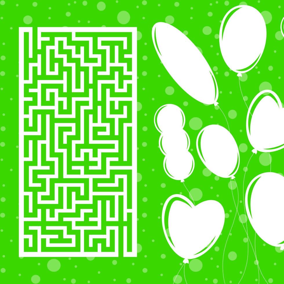 Color rectangular maze. Game for kids. Puzzle for children. Labyrinth conundrum. Flat vector illustration isolated on color festive background with balloons.