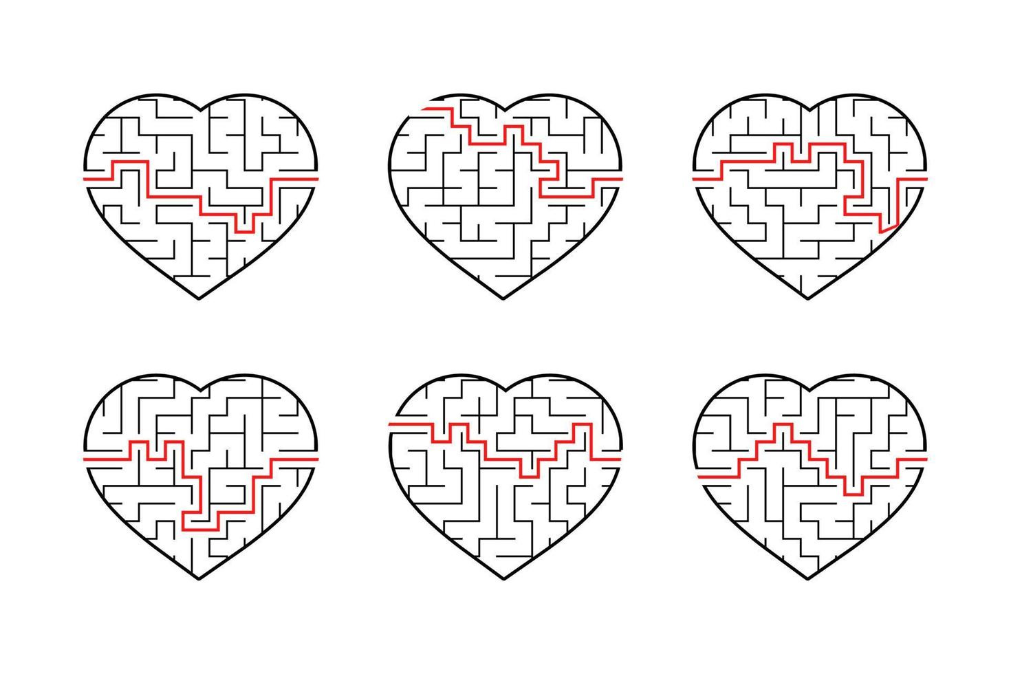 A set of labyrinths of hearts. Game for kids. Puzzle for children. Labyrinth conundrum. Flat vector illustration isolated on white background.