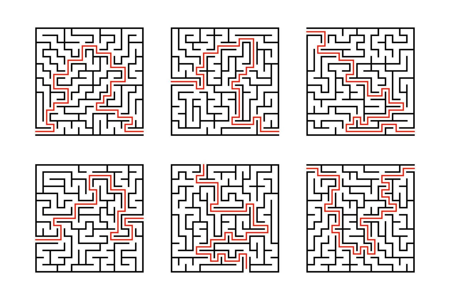 A set of square mazes. Game for kids. Puzzle for children. Labyrinth conundrum. Flat vector illustration isolated on white background. With answer.