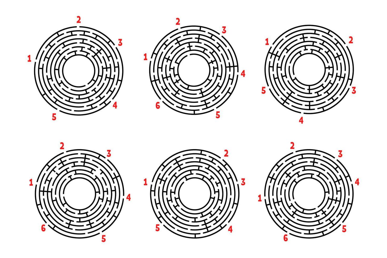 A set of round mazes. Game for kids. Puzzle for children. Labyrinth conundrum. Flat vector illustration isolated on white background.