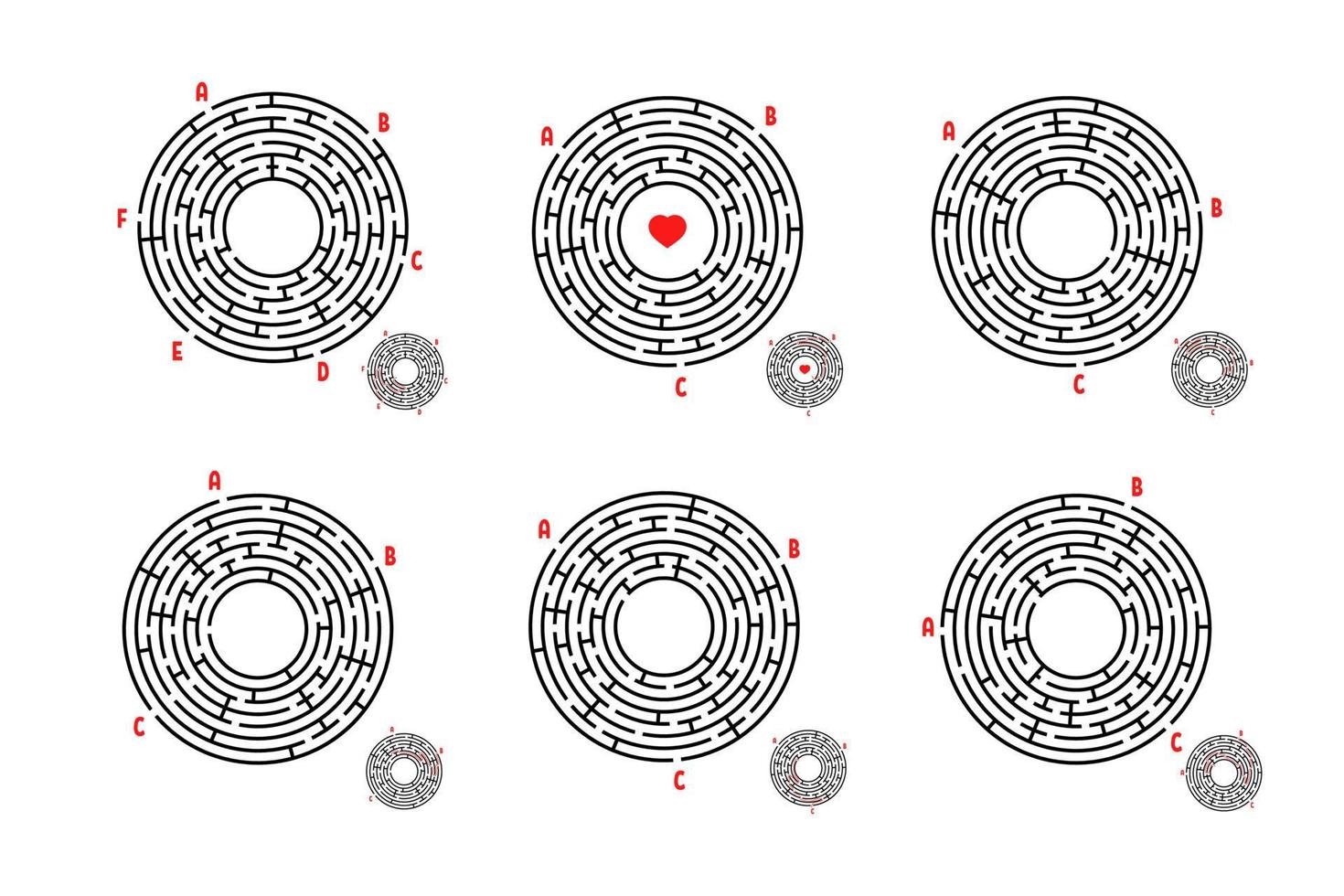 A set of round mazes. Game for kids. Puzzle for children. Labyrinth conundrum. Flat vector illustration isolated on white background.