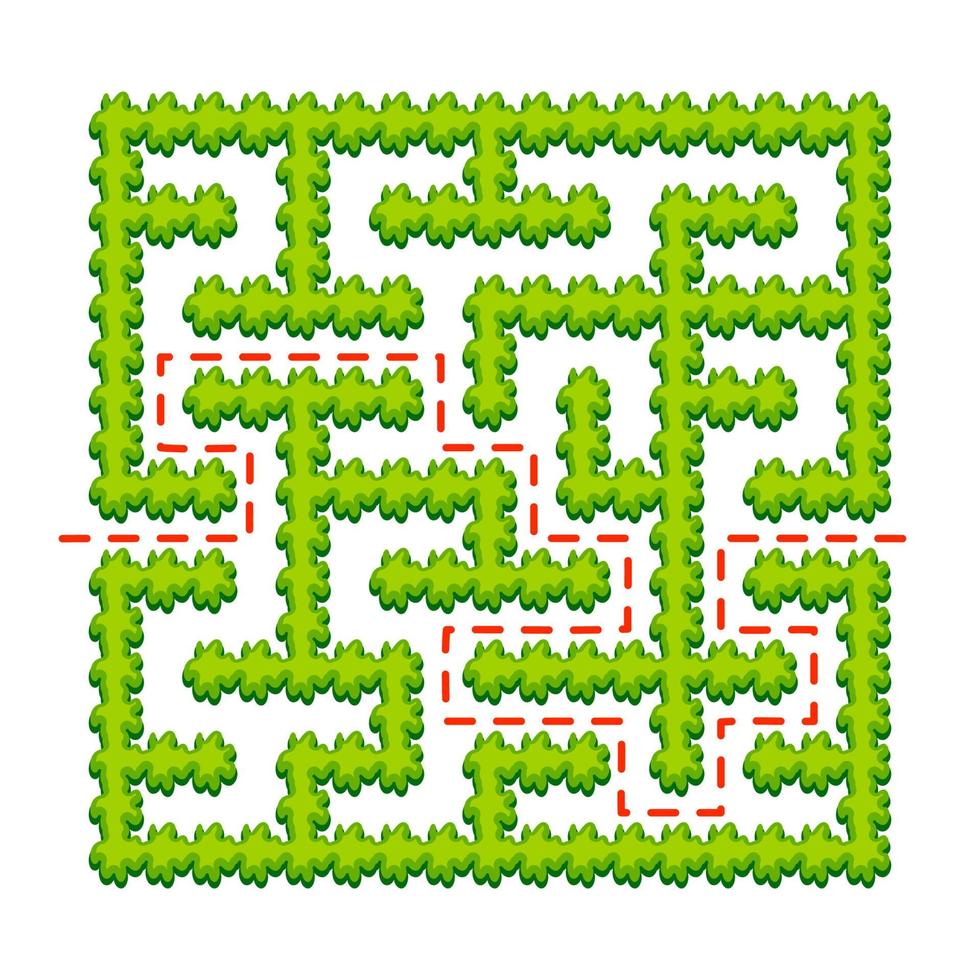 Abstract square labyrinth - green garden. Game for kids. Puzzle for children. One entrance, one exit. Labyrinth conundrum. Vector illustration. With answer.
