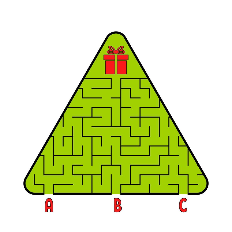 Abstract triangular labyrinth. Christmas tree with a gift. Find the right path. Game for kids. Puzzle for children. Labyrinth conundrum. Flat vector illustration isolated on white background.
