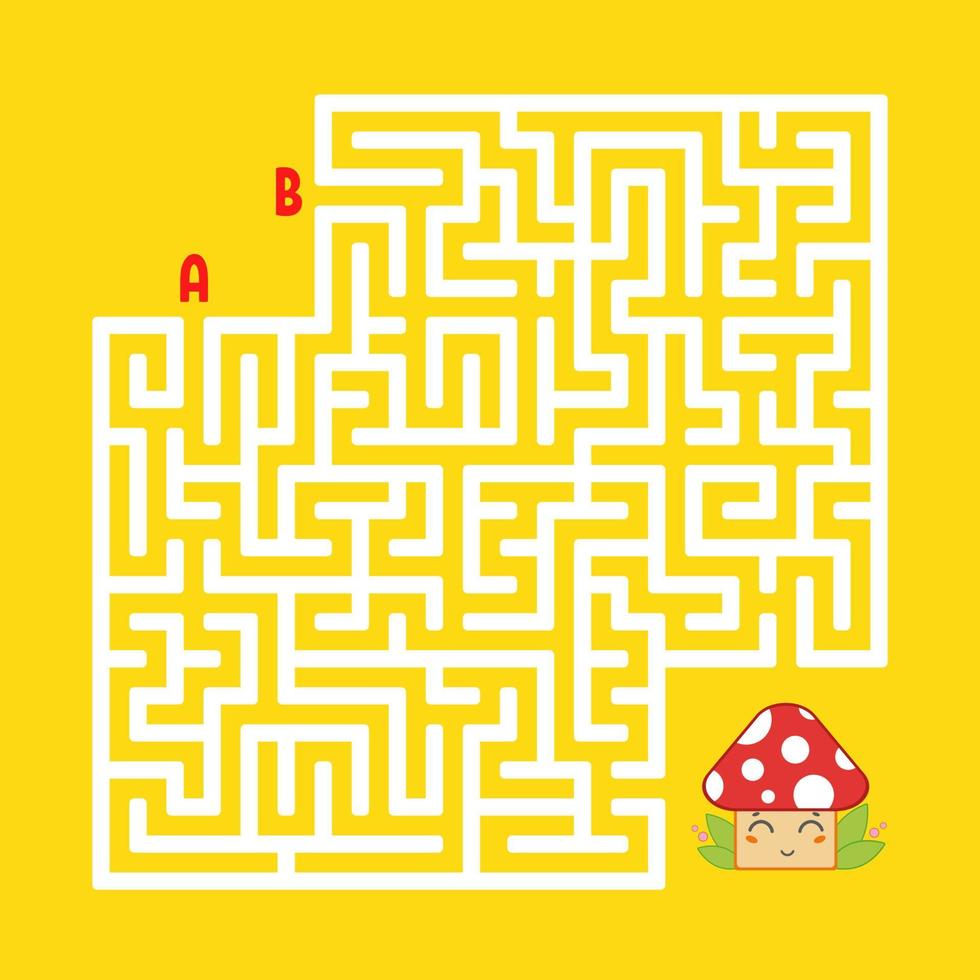 Abstract square maze. Find the right path to the cute mushroom. Game for kids. Puzzle for children. Labyrinth conundrum. Flat vector illustration isolated on color background.