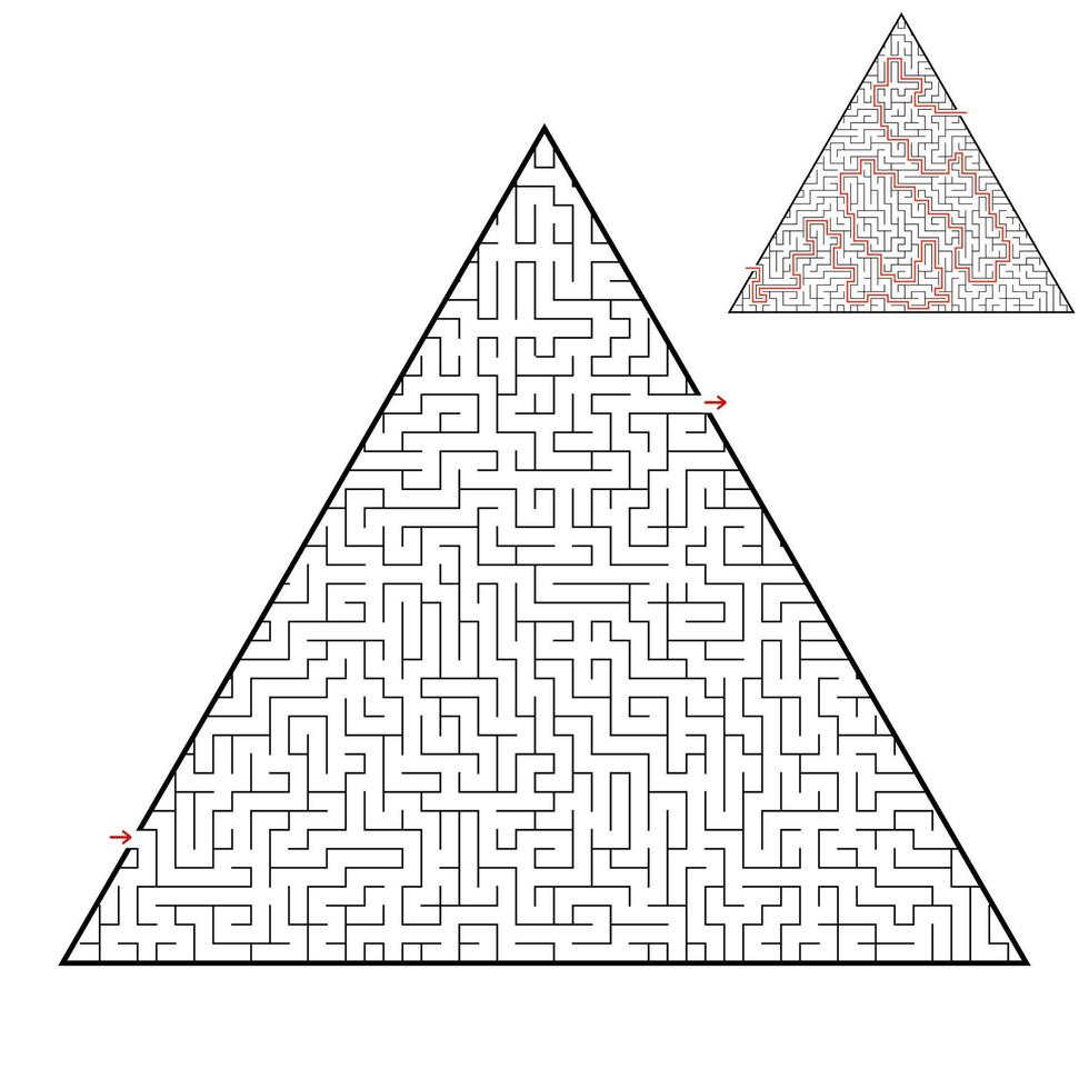 Difficult triangular labyrinth. Game for kids and adults. Puzzle for children. One entrance, one exit. Labyrinth conundrum. Flat vector illustration isolated on white background. With answer.