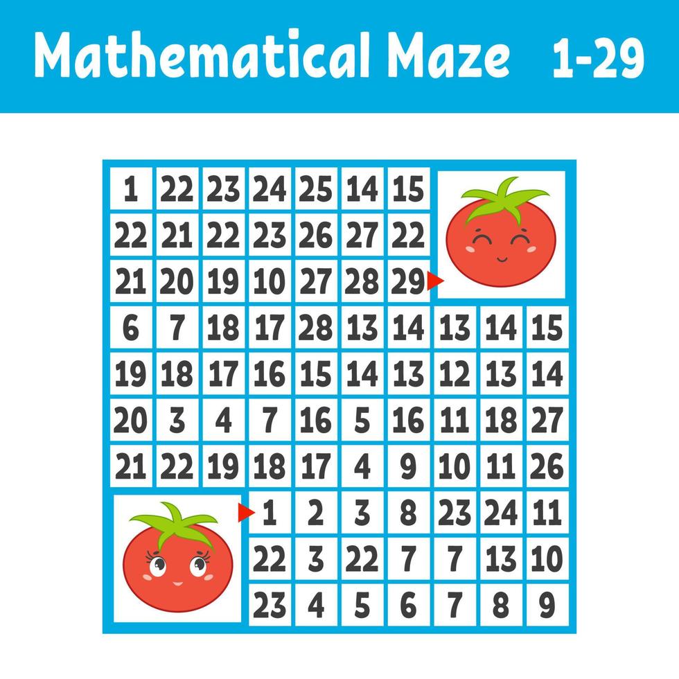 Mathematical colored square maze. Help one tomato get to another. Game for kids. Puzzle for children. The study of numbers. Labyrinth conundrum. Flat vector illustration isolated on white background.