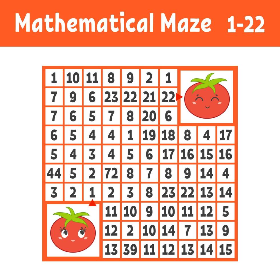 Mathematical colored square maze. Help one tomato get to another. Game for kids. Puzzle for children. The study of numbers. Labyrinth conundrum. Flat vector illustration isolated on white background.