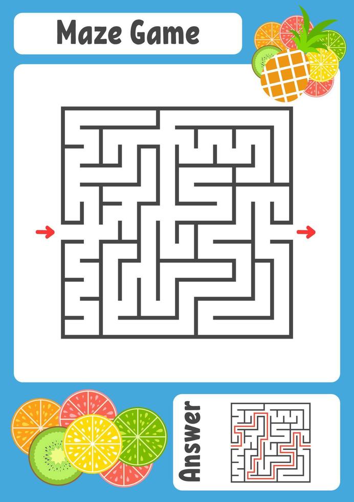 Abstract square maze. Kids worksheets. Activity page. Game puzzle for children. Cute cartoon tropical fruits. Labyrinth conundrum. Vector illustration. With answer.