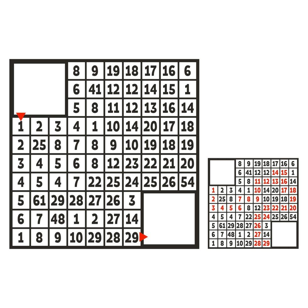 Mathematical square maze. Game for kids. Puzzle for children. The study of numbers. Labyrinth conundrum. Flat vector illustration isolated on white background. With answer. With place for your image.