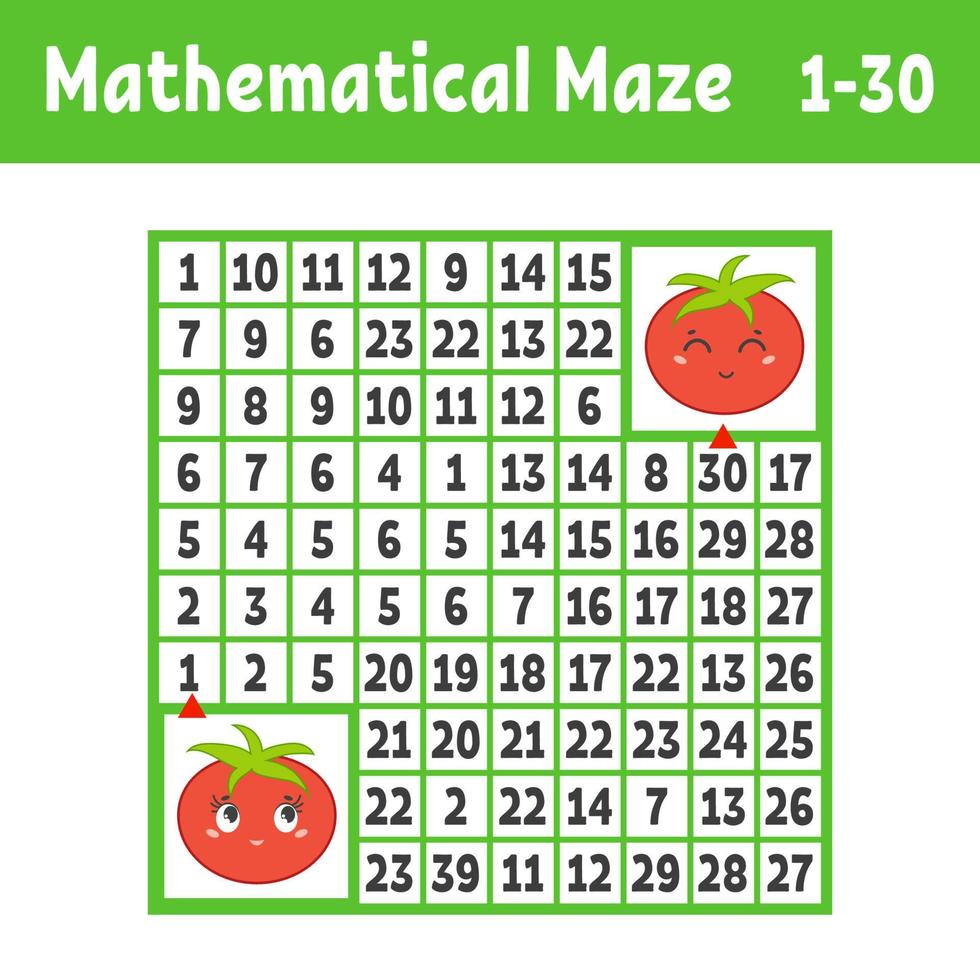 Mathematical colored square maze. Help one tomato get to another. Game for kids. Puzzle for children. The study of numbers. Labyrinth conundrum. Flat vector illustration isolated on white background.