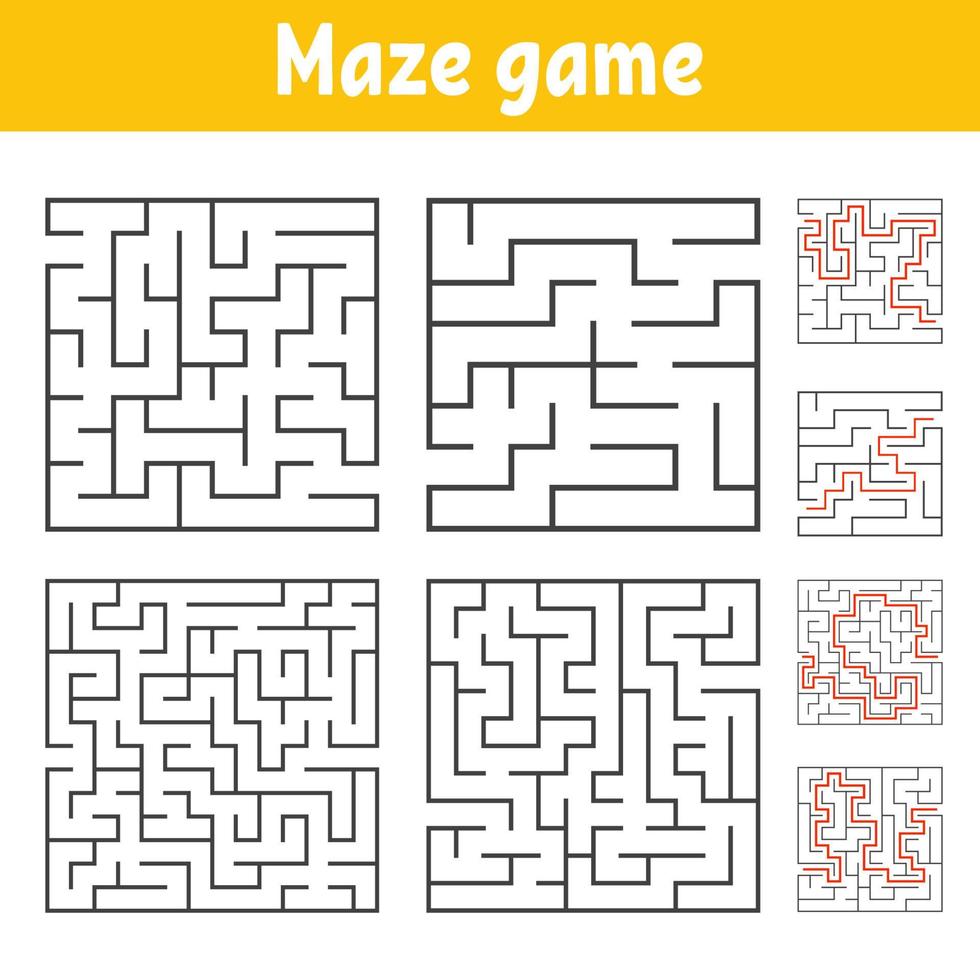 A set of square mazes of various levels of difficulty. Puzzle for children. One entrances, one exit. Labyrinth conundrum. Flat vector illustration isolated on white background. With answer.