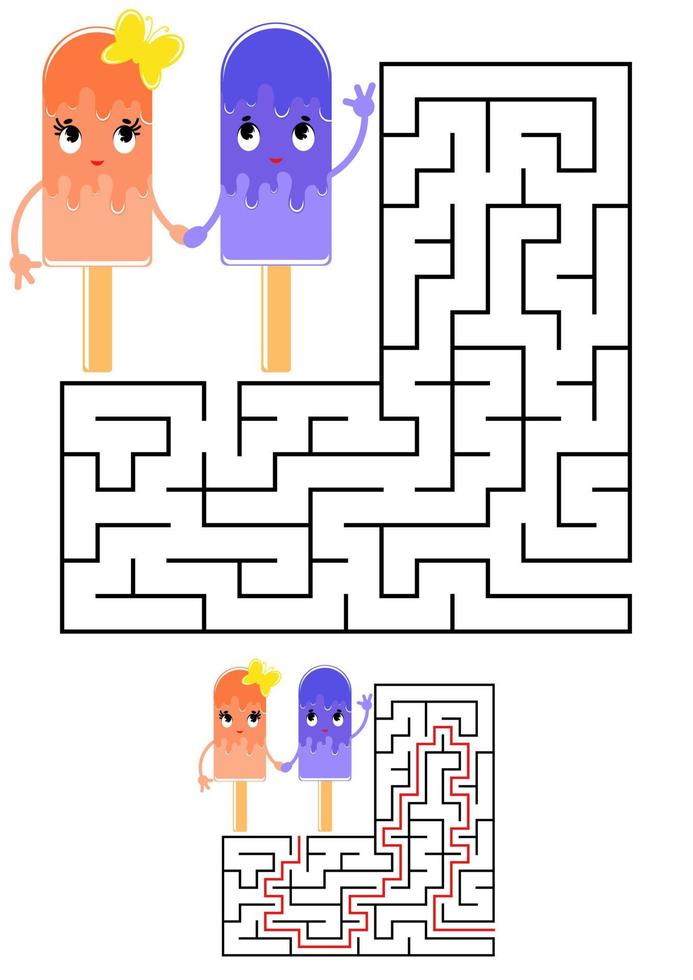 Abstract square maze. Kids worksheets. Game puzzle for children. Cute ice cream on a white background. One entrances, one exit. Labyrinth conundrum. Vector illustration. With the answer.