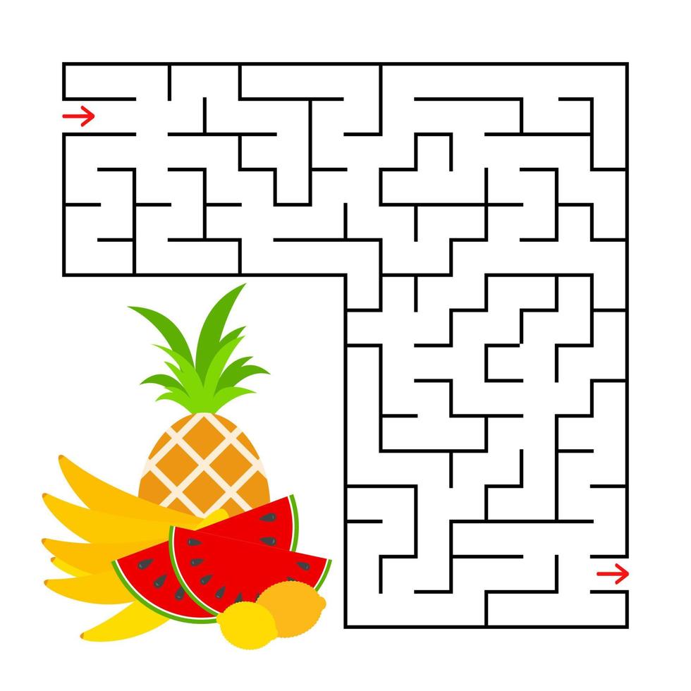 Abstract square maze with a color picture. Delicious tropical fruits. An interesting and useful game for children. Simple flat vector illustration isolated on white background.