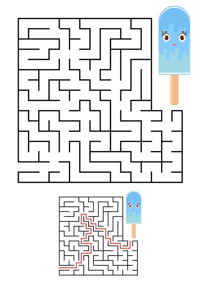 Abstract square maze. Kids worksheets. Game puzzle for children. Cute ice cream on a white background. One entrances, one exit. Labyrinth conundrum. Vector illustration. With the answer.