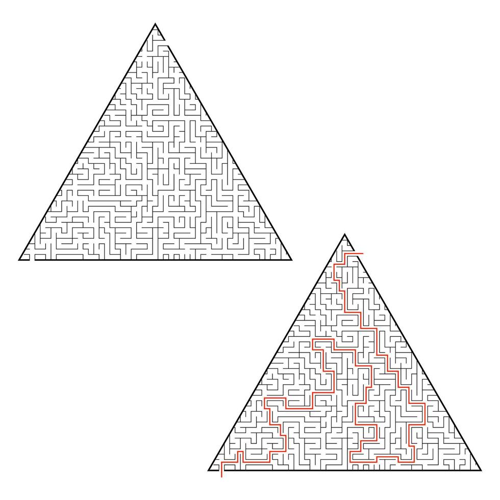 Difficult triangular labyrinth. Game for kids and adults. Puzzle for children. One entrance, one exit. Labyrinth conundrum. Flat vector illustration isolated on white background. With answer.