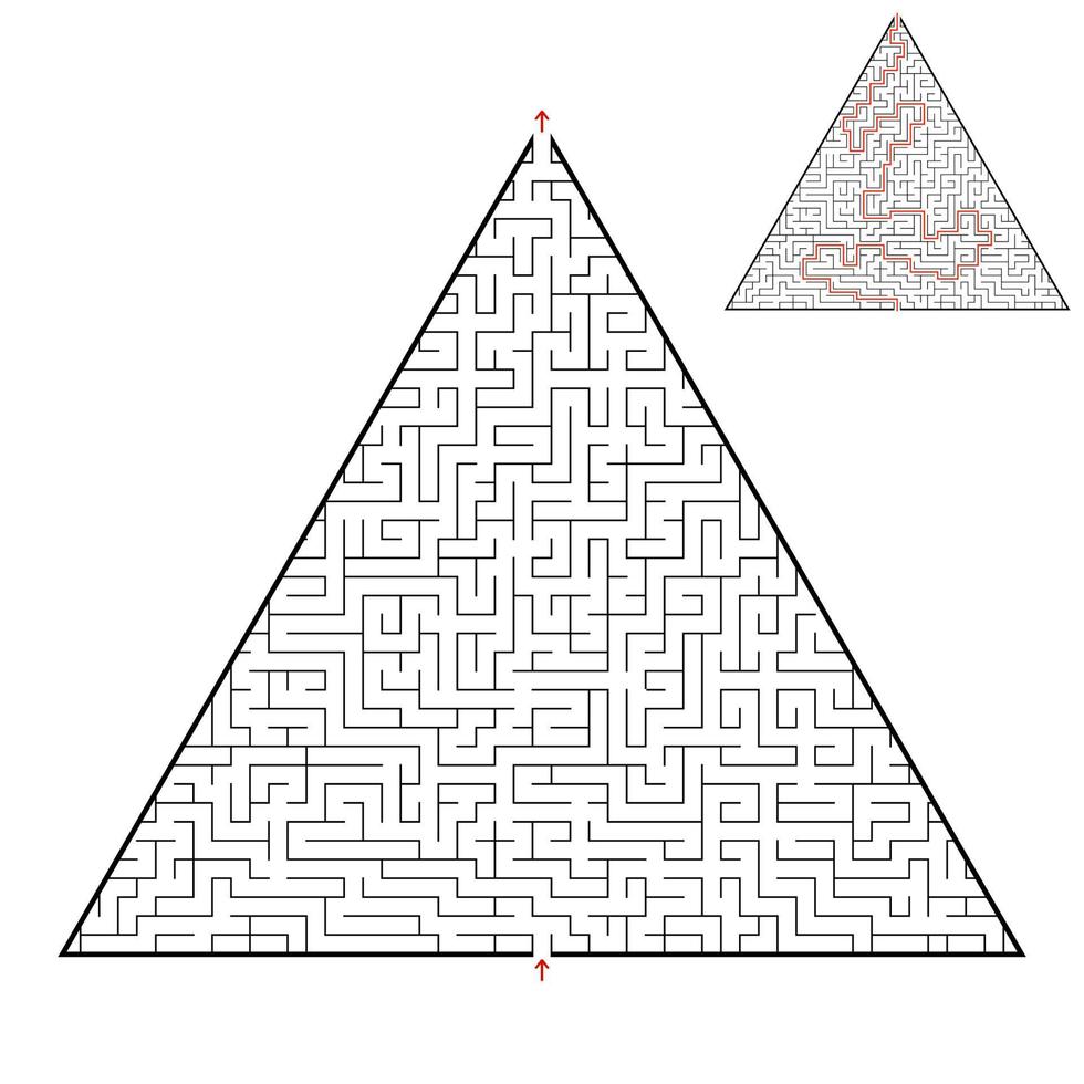 Difficult triangular labyrinth. Game for kids and adults. Puzzle for children. One entrance, one exit. Labyrinth conundrum. Flat vector illustration isolated on white background. With answer.