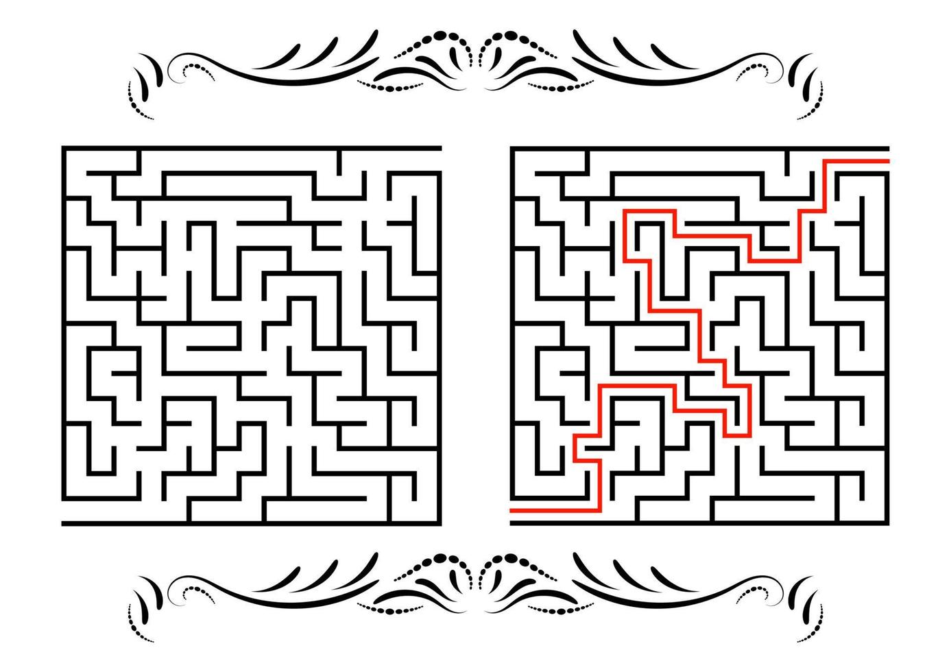 Abstract square maze. Game for kids. Puzzle for children. One entrance, one exit. Labyrinth conundrum. Flat vector illustration isolated on white background. With answer. With a vintage border