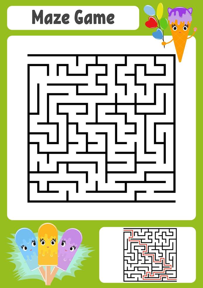 Abstract square maze. Kids worksheets. Game puzzle for children. Cute ice cream. One entrances, one exit. Labyrinth conundrum. Vector illustration. With answer.